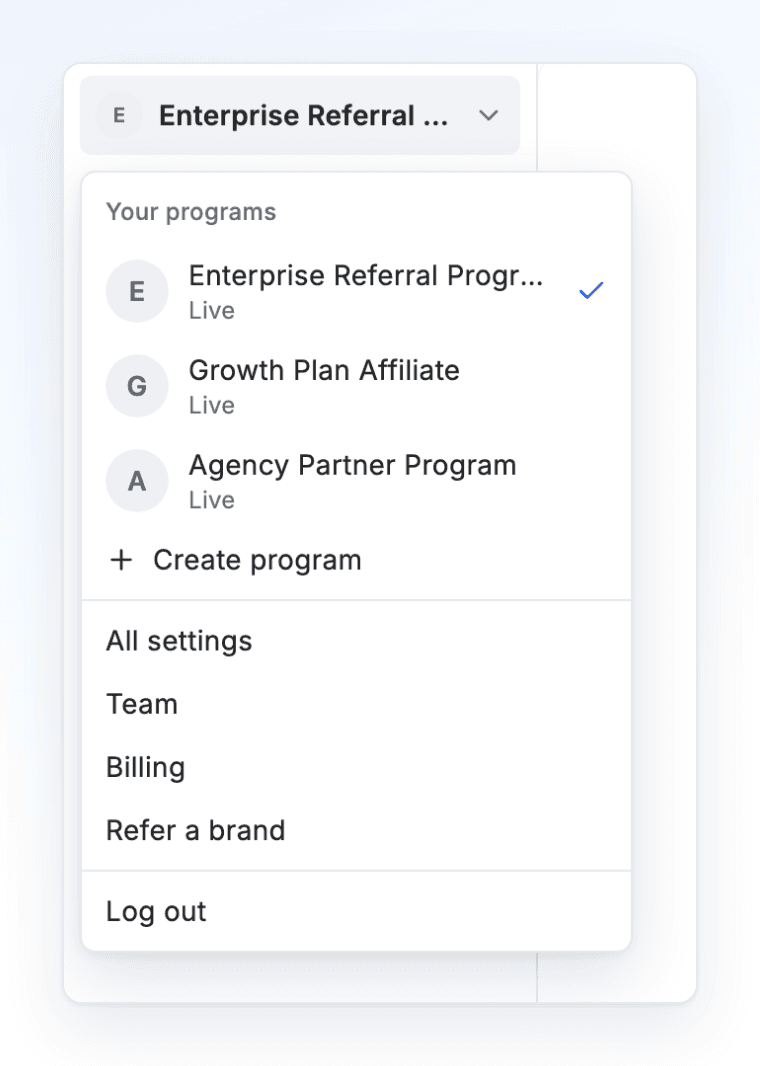 The program menu, opened from the program name at the top left: your programs with their status, Create program, then All settings, Team, Billing and Refer a brand