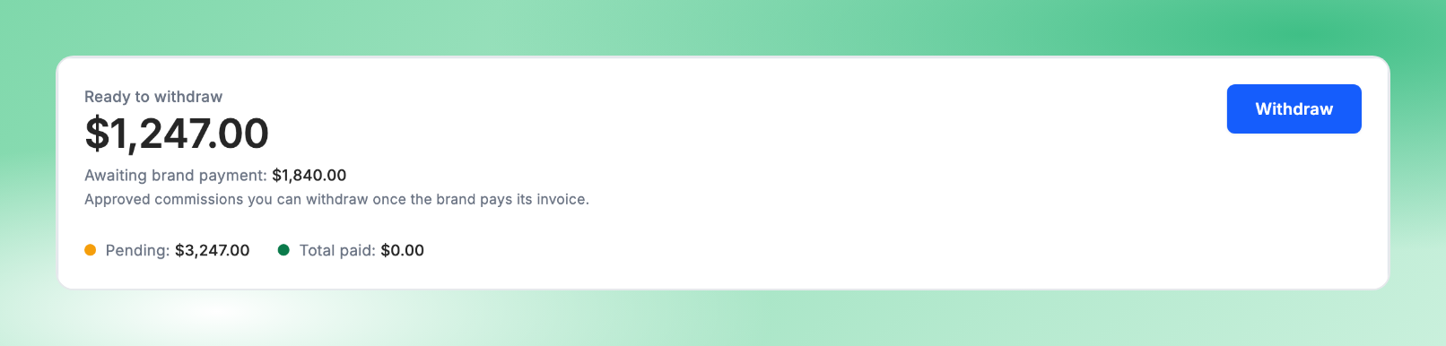 The partner payout page: Ready to withdraw, with Awaiting brand payment underneath